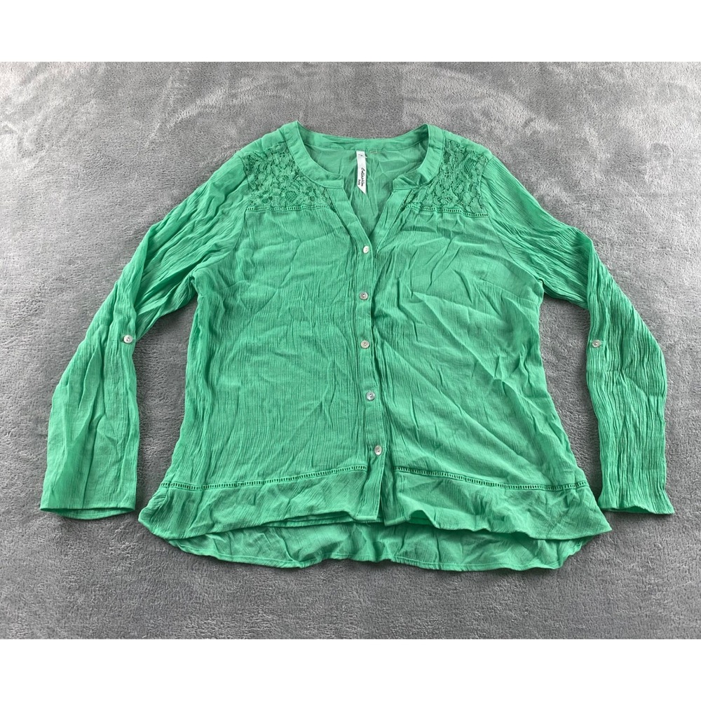 NY Collection Petite Green Lace Shoulder Button Front Roll Tab Blouse PXL